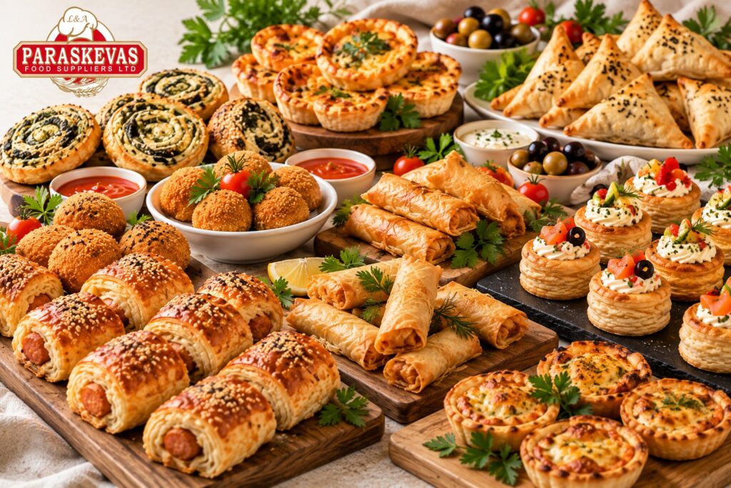 Finger food supplier in Cyprus offering assorted pastries, sausage rolls, mini quiches, croquettes, savory rolls and bakery products for restaurants, hotels and catering companies.